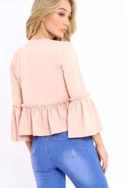 Rebellious Fashion Nude Frill Bell Sleeve Blazer - Zarra