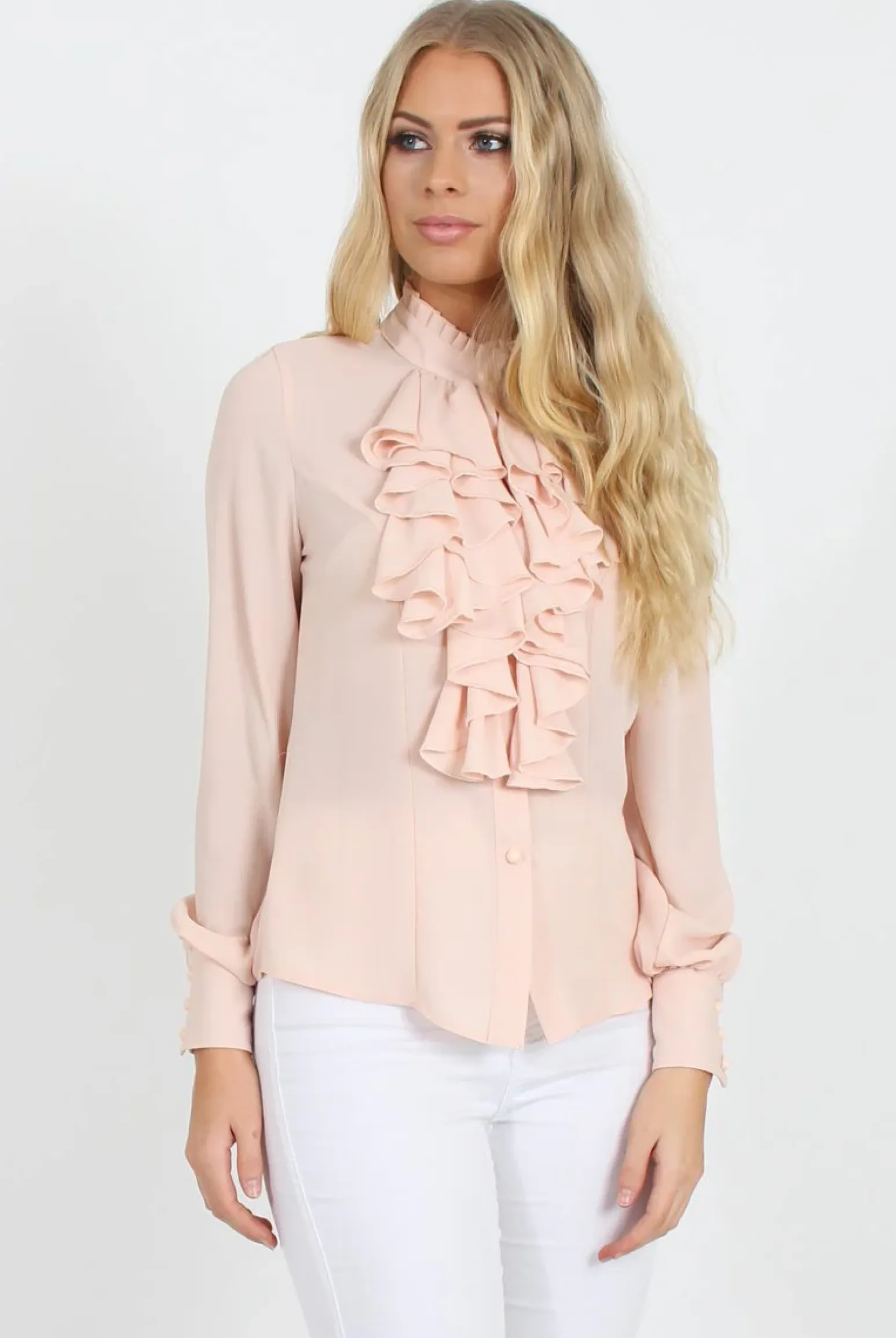 Rebellious Fashion Nude Frill Front Blouse - Camille
