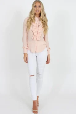 Rebellious Fashion Nude Frill Front Blouse - Camille