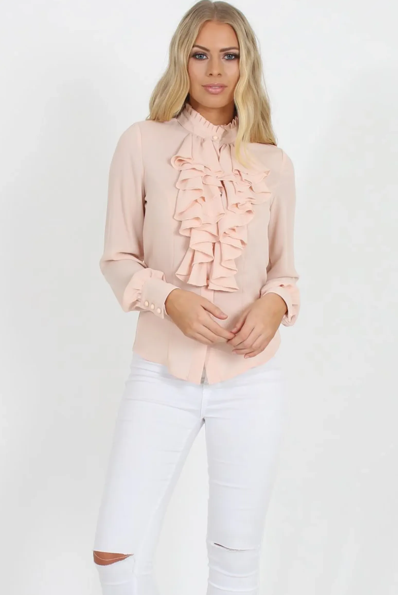 Rebellious Fashion Nude Frill Front Blouse - Camille