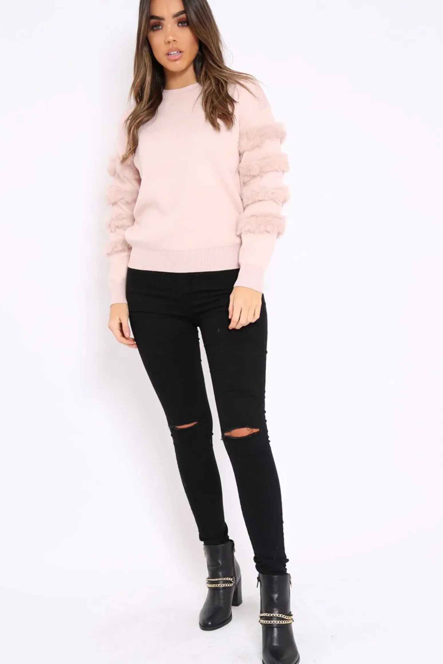 Rebellious Fashion Nude Fur Sleeve Knitted Jumper - Courtnie