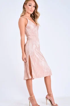 Rebellious Fashion Nude Glitter Plunge Plisse Midi Slip Dress - Siara