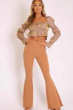 Rebellious Fashion Nude Gold Metallic Square Neck Crop Top - Gabryelle