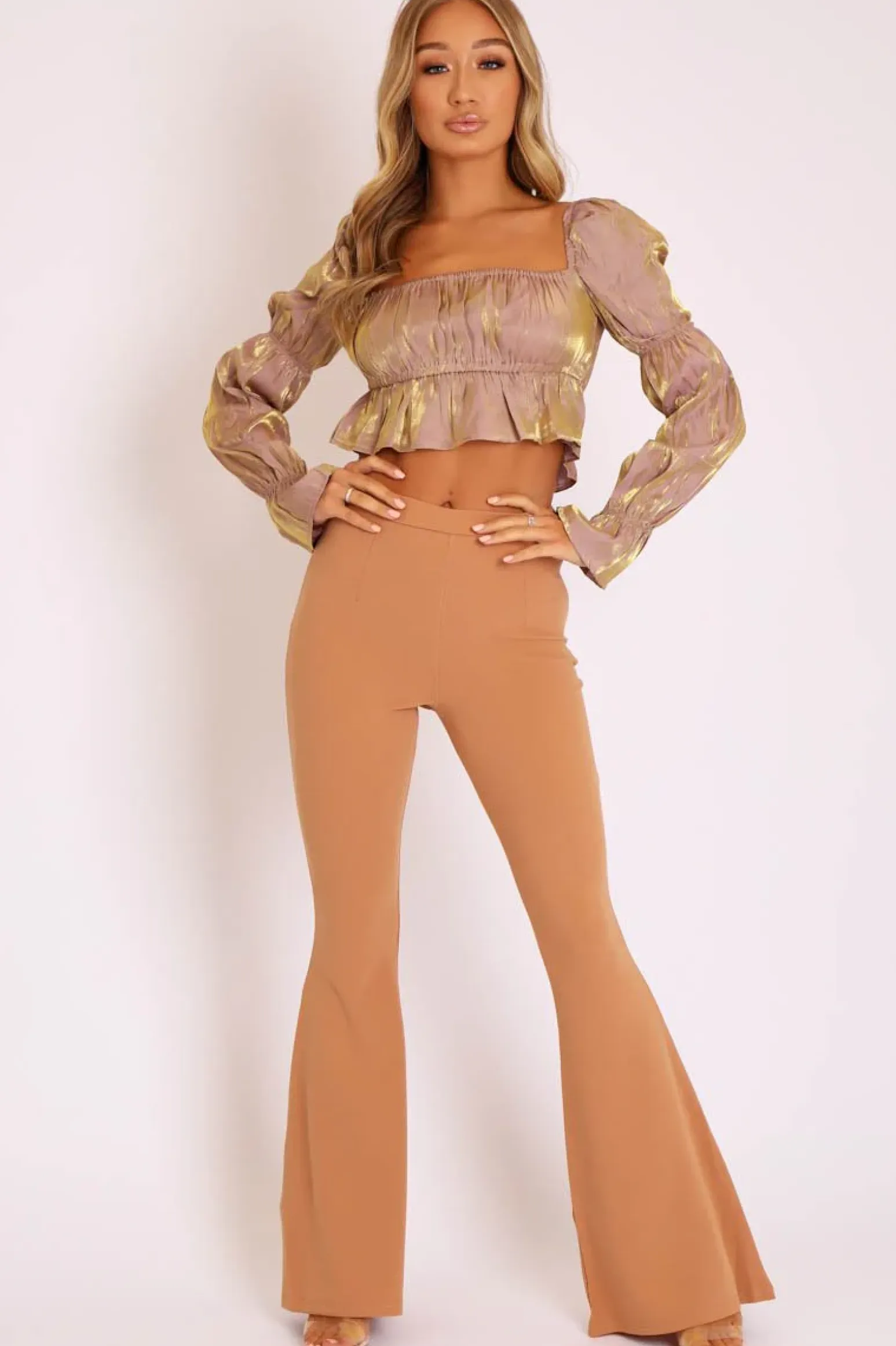 Rebellious Fashion Nude Gold Metallic Square Neck Crop Top - Gabryelle
