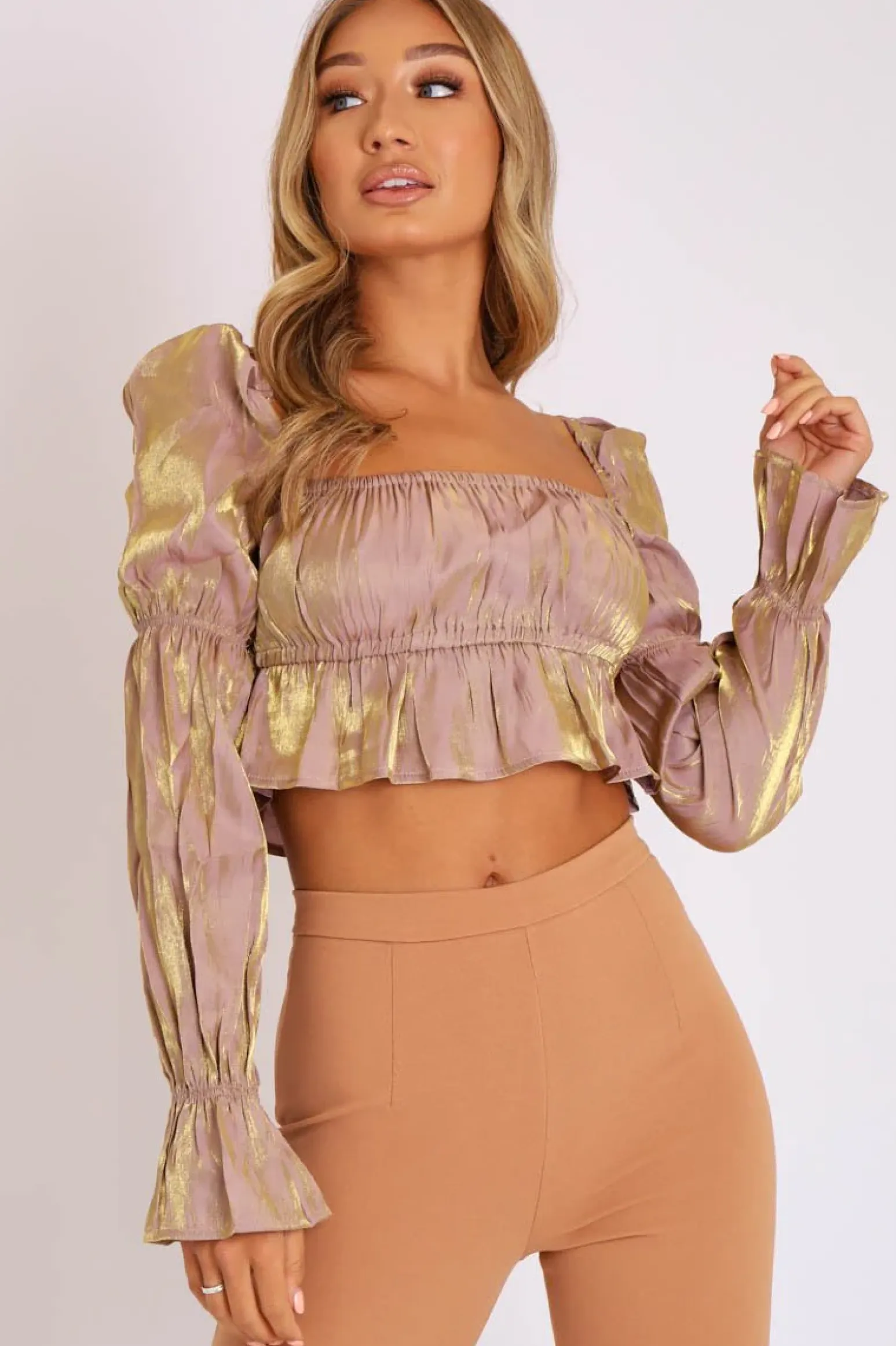 Rebellious Fashion Nude Gold Metallic Square Neck Crop Top - Gabryelle