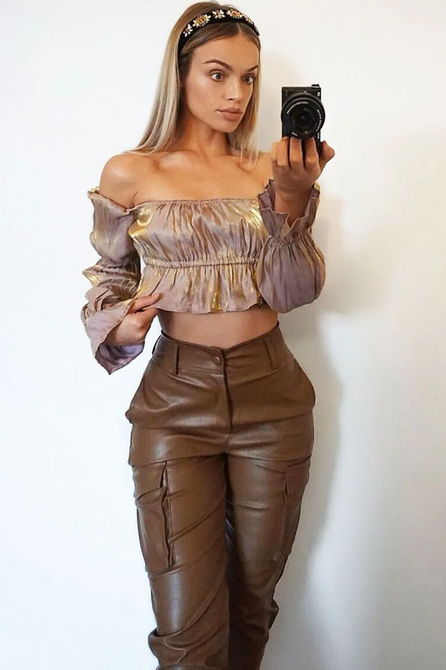 Rebellious Fashion Nude Gold Metallic Square Neck Crop Top - Gabryelle