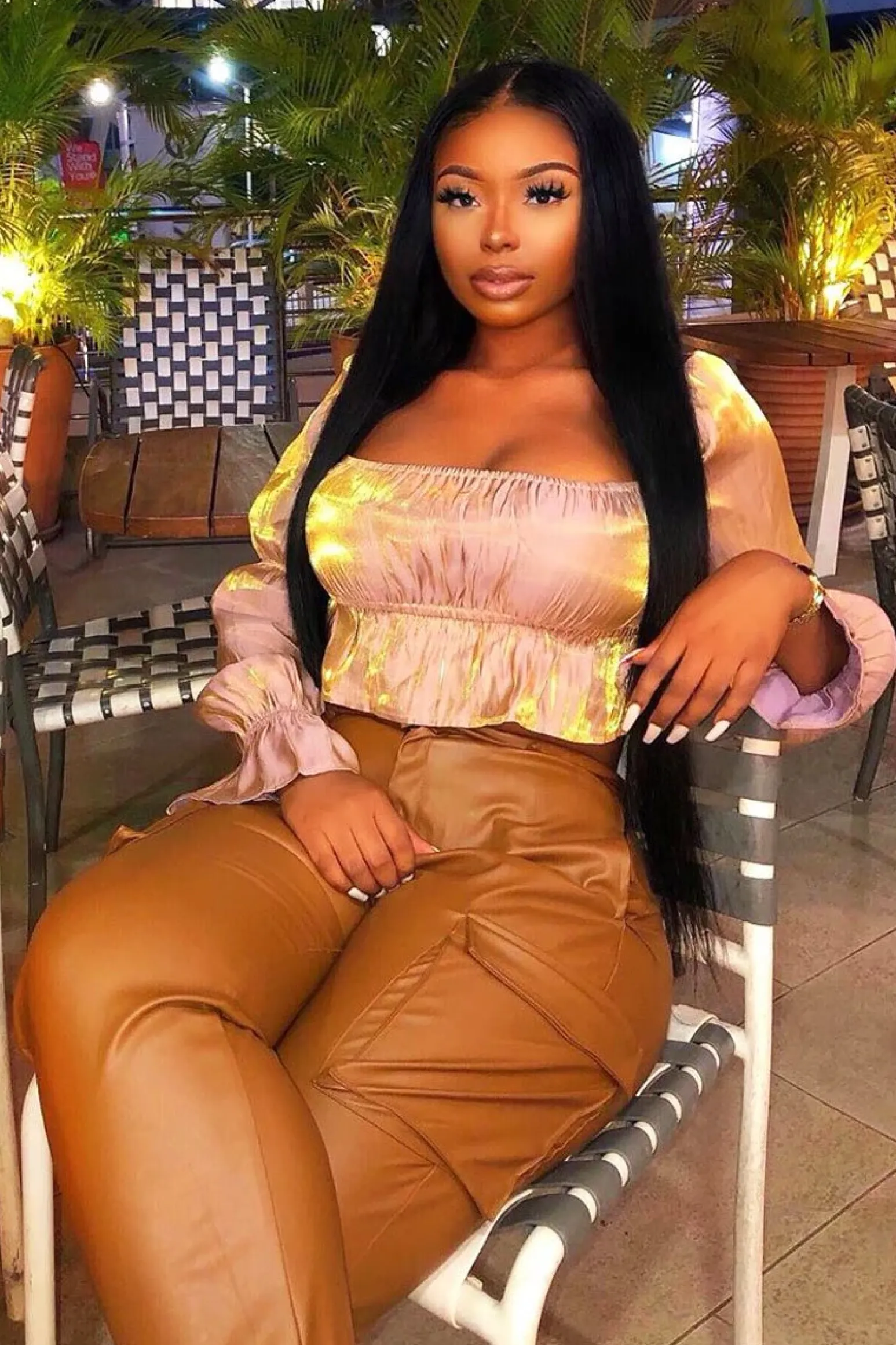 Rebellious Fashion Nude Gold Metallic Square Neck Crop Top - Gabryelle
