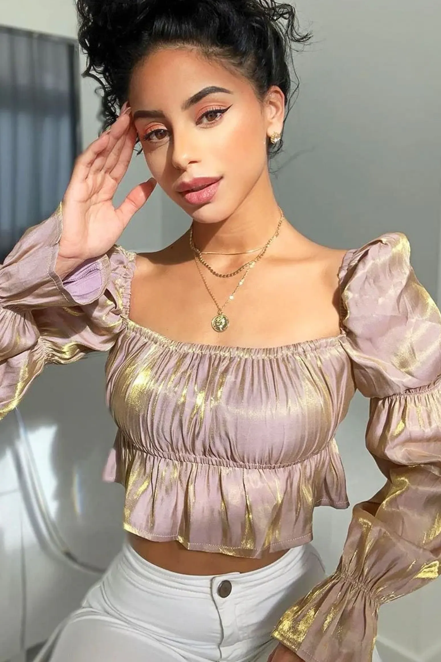 Rebellious Fashion Nude Gold Metallic Square Neck Crop Top - Gabryelle