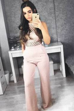 Rebellious Fashion Nude Halterneck Cage Design Jumpsuit - Taaliah