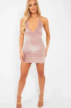 Rebellious Fashion Nude Halterneck Plunge Neck Mini Dress - Kyli