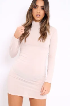 Rebellious Fashion Nude High Neck Bodycon Dress with Silver Pinstripe Detail - Azari