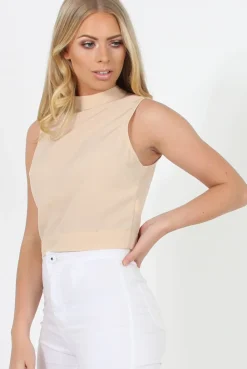 Rebellious Fashion Nude Highneck Open Back Crop Top - Christina