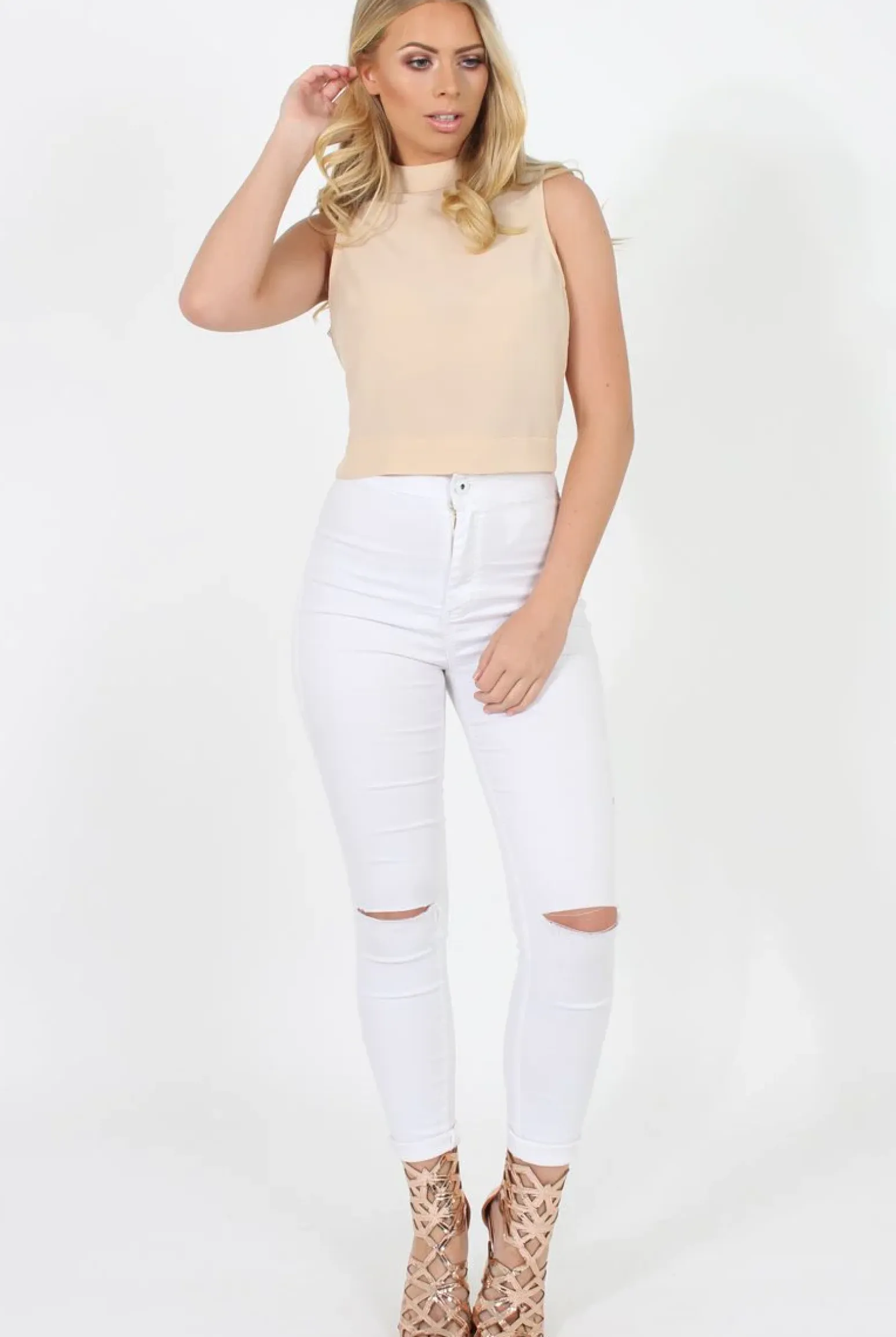 Rebellious Fashion Nude Highneck Open Back Crop Top - Christina