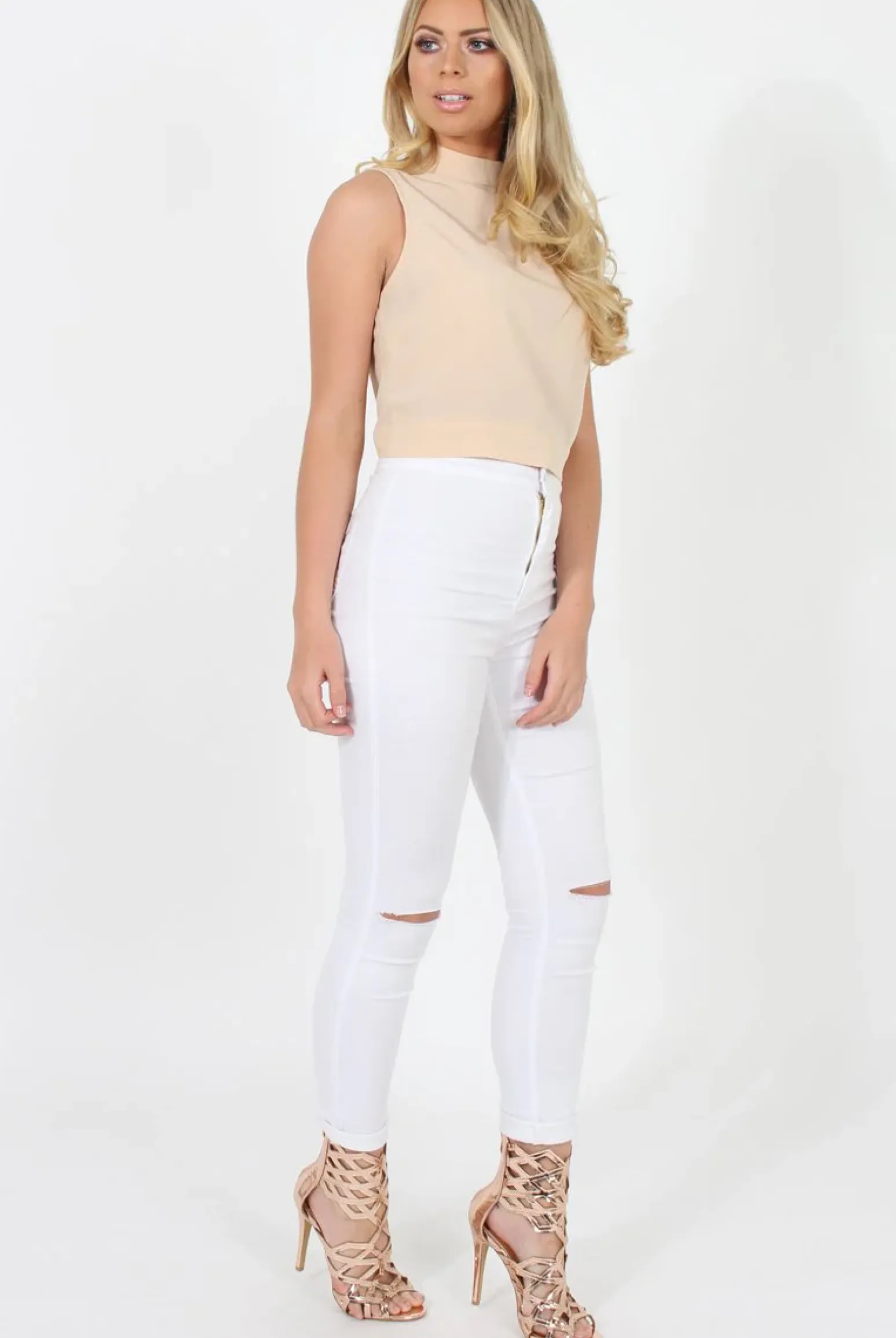 Rebellious Fashion Nude Highneck Open Back Crop Top - Christina