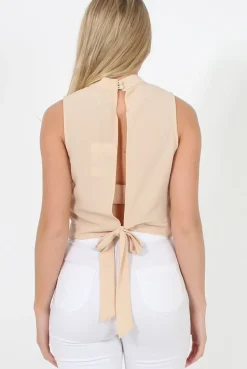 Rebellious Fashion Nude Highneck Open Back Crop Top - Christina