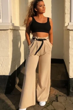 Rebellious Fashion Nude High Waist Paper Bag Buckle Belt Trousers - Ivyonna