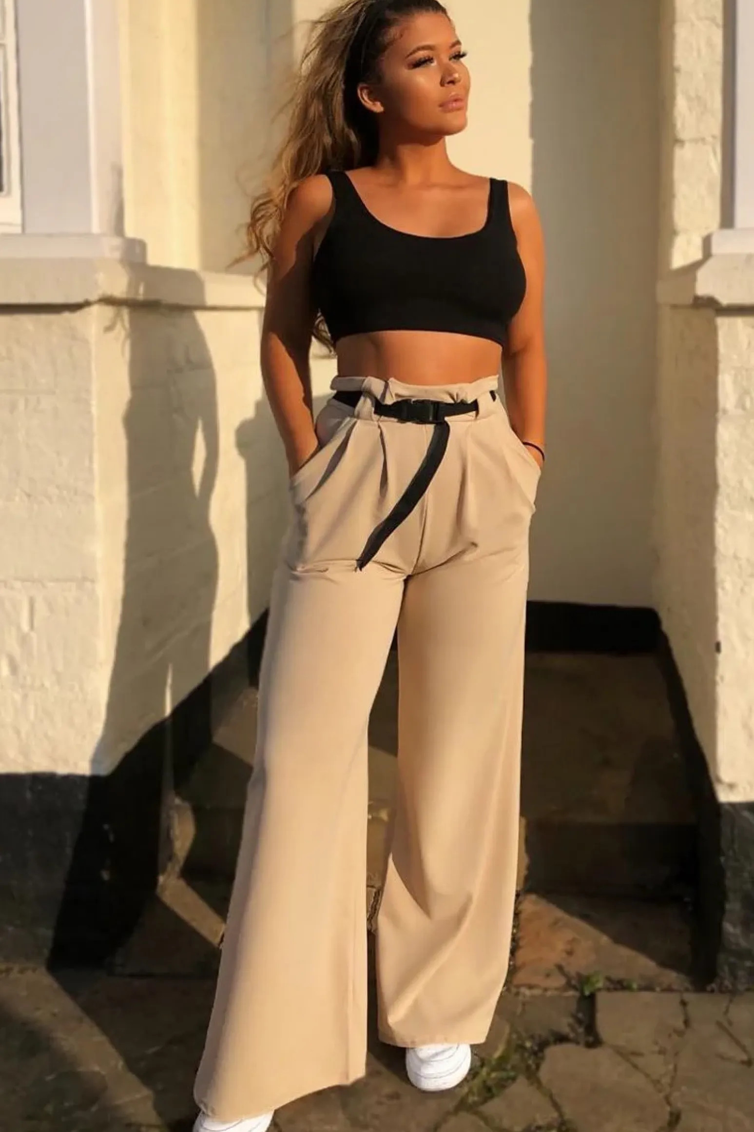 Rebellious Fashion Nude High Waist Paper Bag Buckle Belt Trousers - Ivyonna