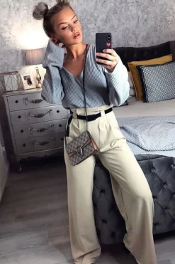Rebellious Fashion Nude High Waist Paper Bag Buckle Belt Trousers - Ivyonna
