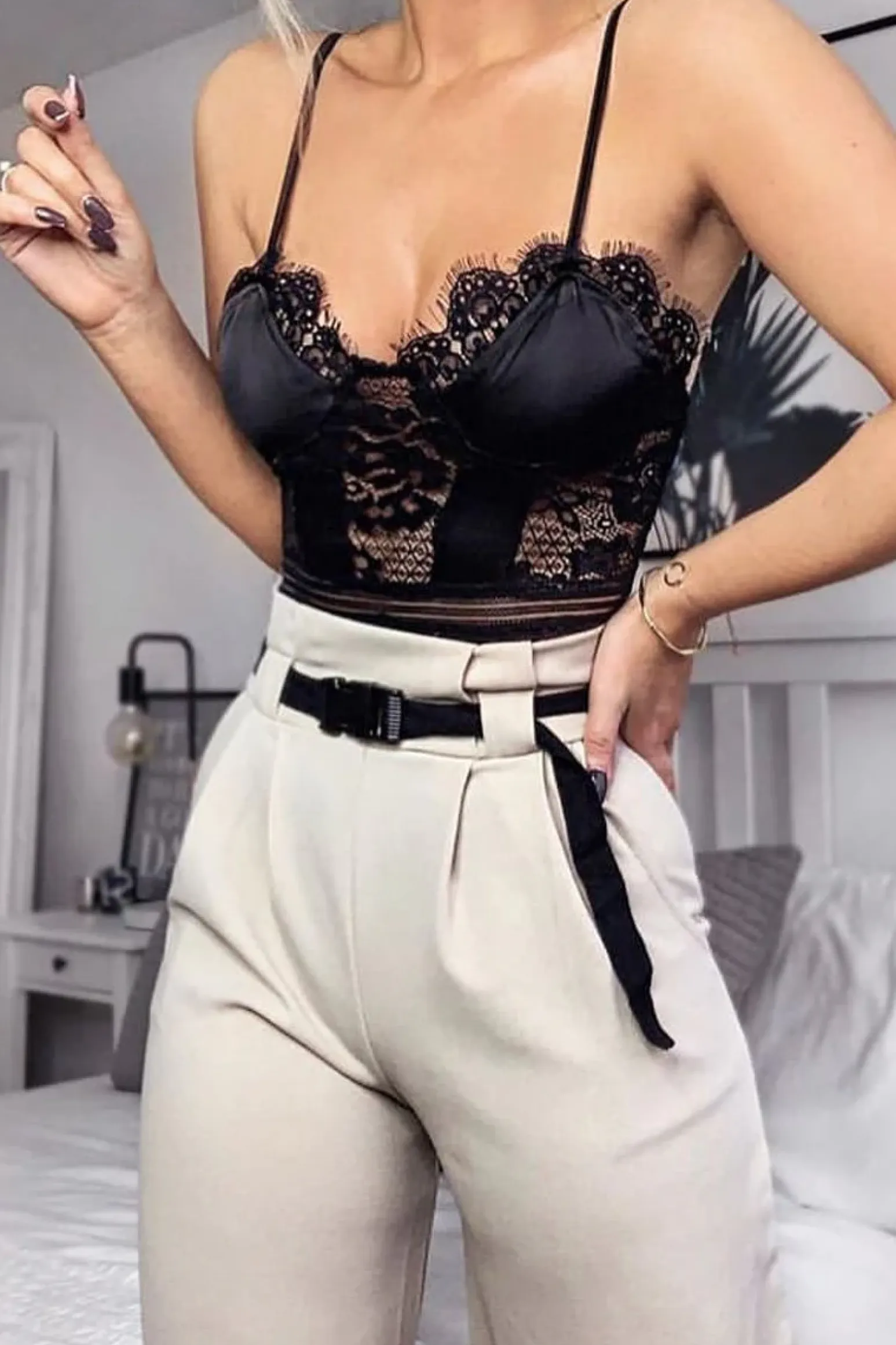 Rebellious Fashion Nude High Waist Paper Bag Buckle Belt Trousers - Ivyonna