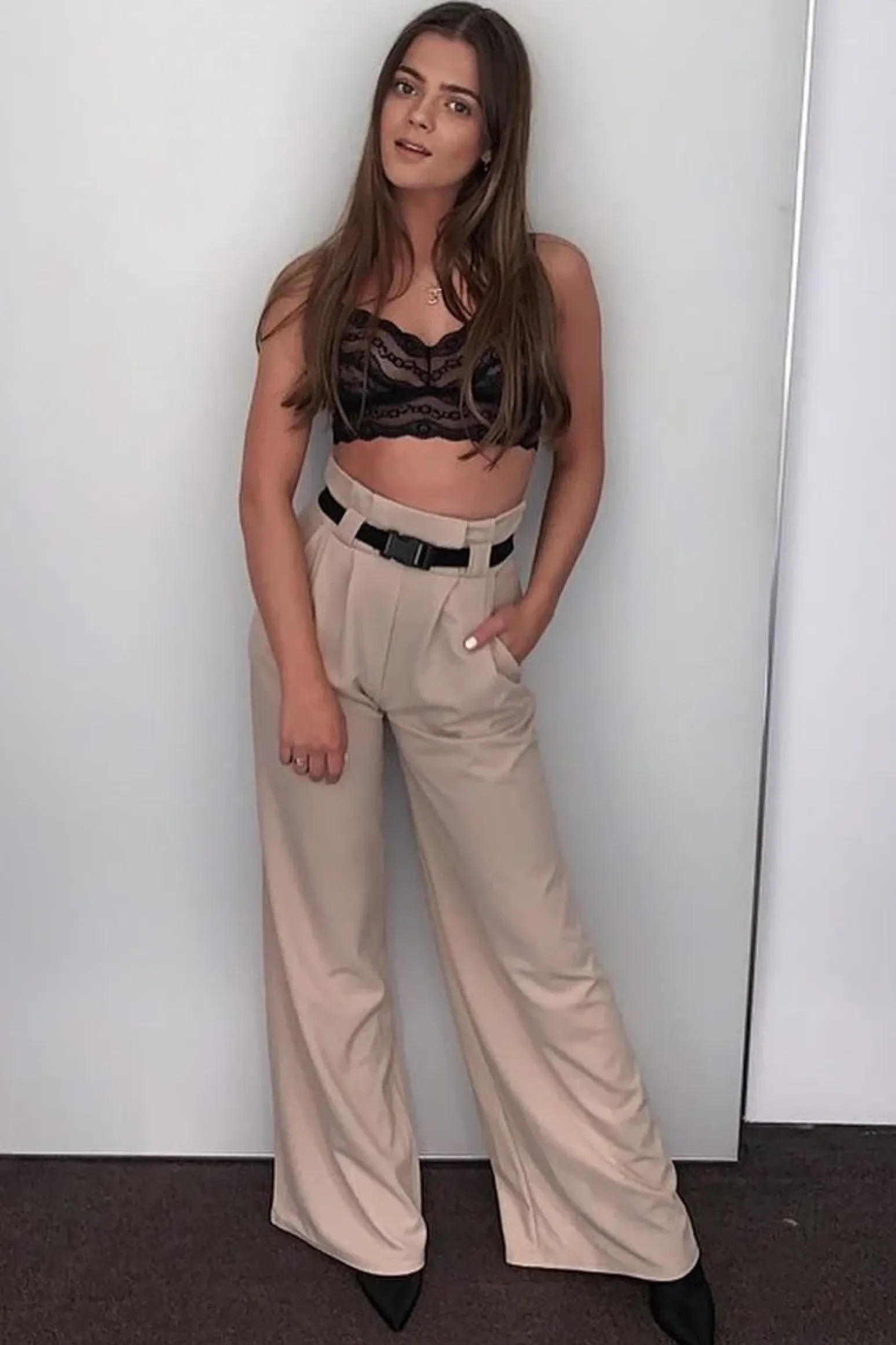 Rebellious Fashion Nude High Waist Paper Bag Buckle Belt Trousers - Ivyonna