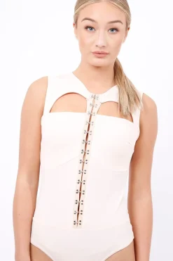Rebellious Fashion Nude Hook And Eye Cut Out Bodysuit - Reign