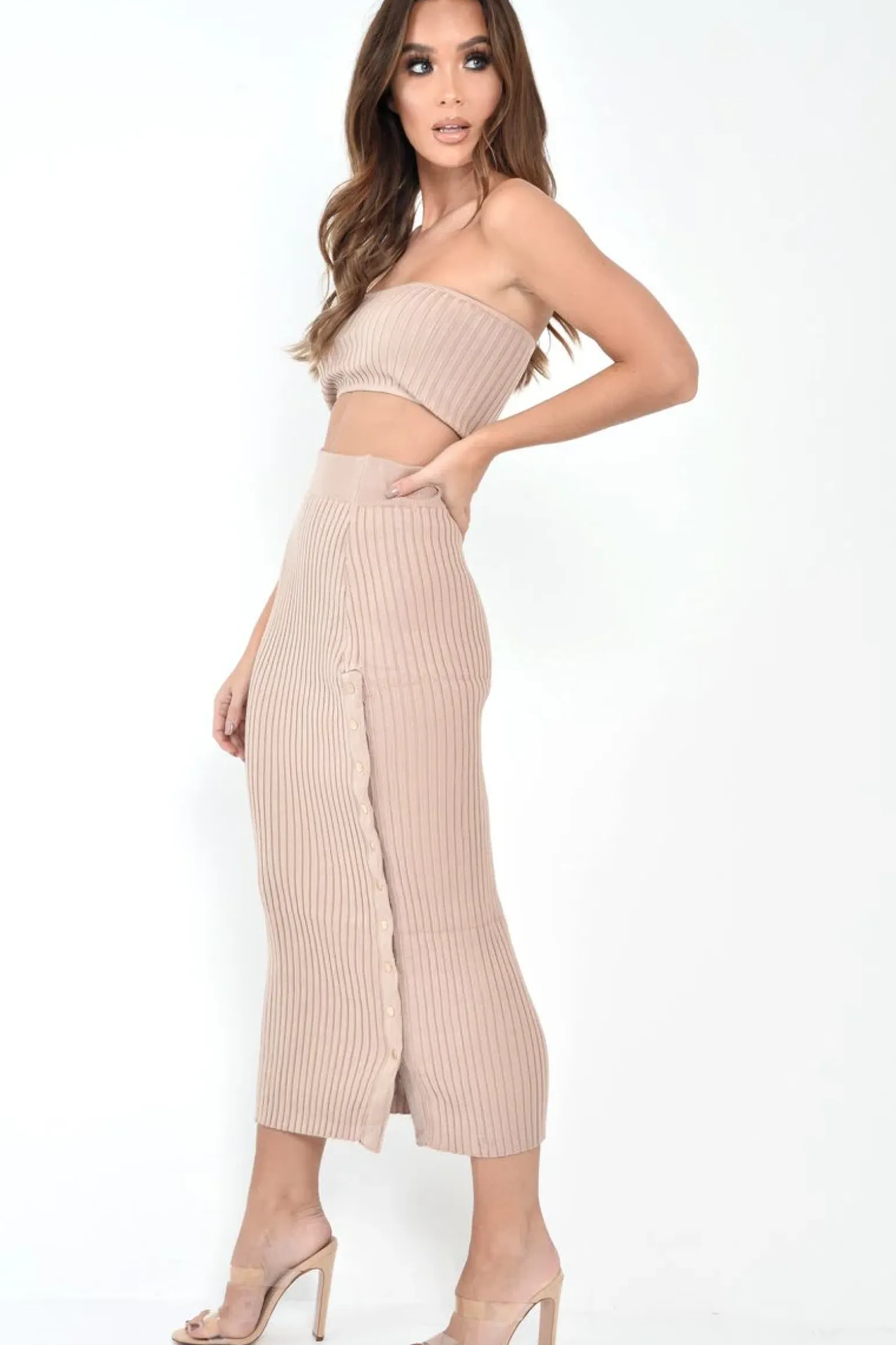 Rebellious Fashion Nude Knitted Bandeau And Skirt Co-Ord - Sidra