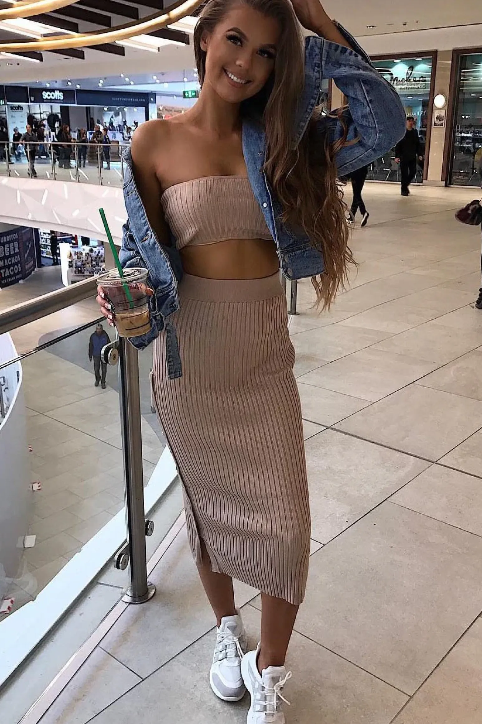 Rebellious Fashion Nude Knitted Bandeau And Skirt Co-Ord - Sidra