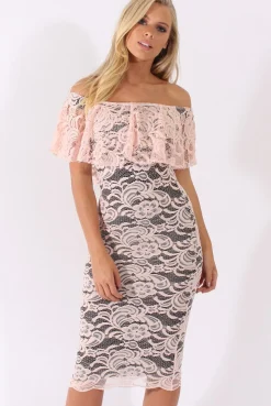 Rebellious Fashion Nude Lace Bardot Frill Midi Dress - Keysha