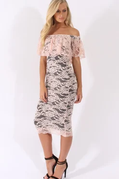 Rebellious Fashion Nude Lace Bardot Frill Midi Dress - Keysha