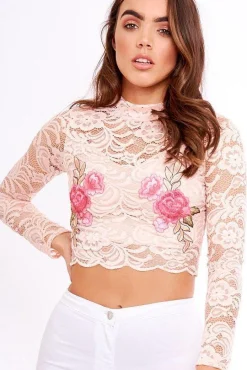 Rebellious Fashion Nude Lace Embroidered High Neck Crop Top - Larissa