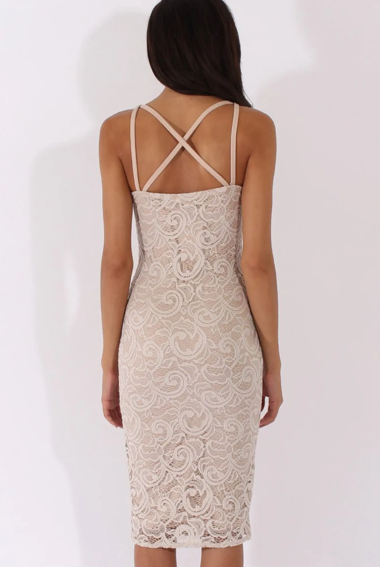 Rebellious Fashion Nude Lace Harness Midi Dress - Elspeth