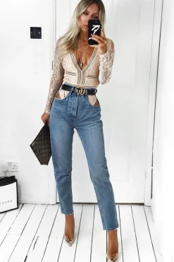 Rebellious Fashion Nude Lace Long Sleeve Open Back Bodysuit - Ellice
