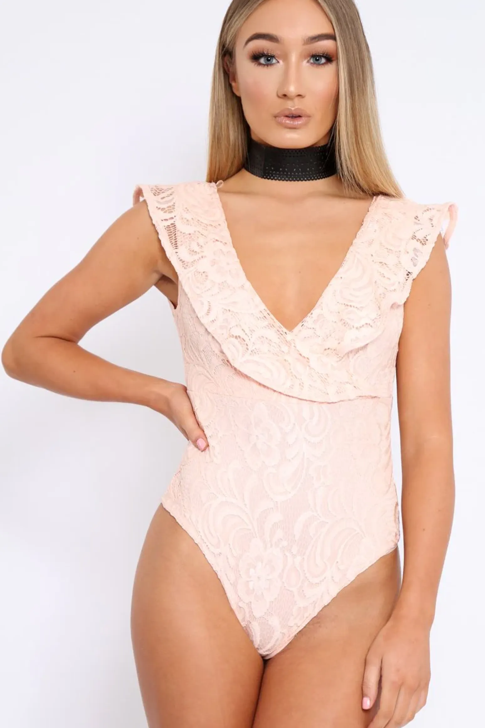 Rebellious Fashion Nude Lace Plunge Frill Bodysuit - Maelani