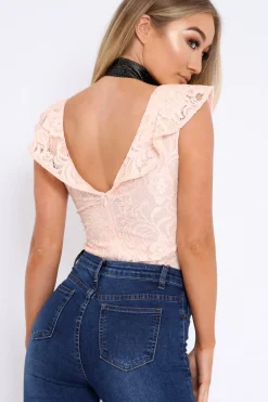 Rebellious Fashion Nude Lace Plunge Frill Bodysuit - Maelani