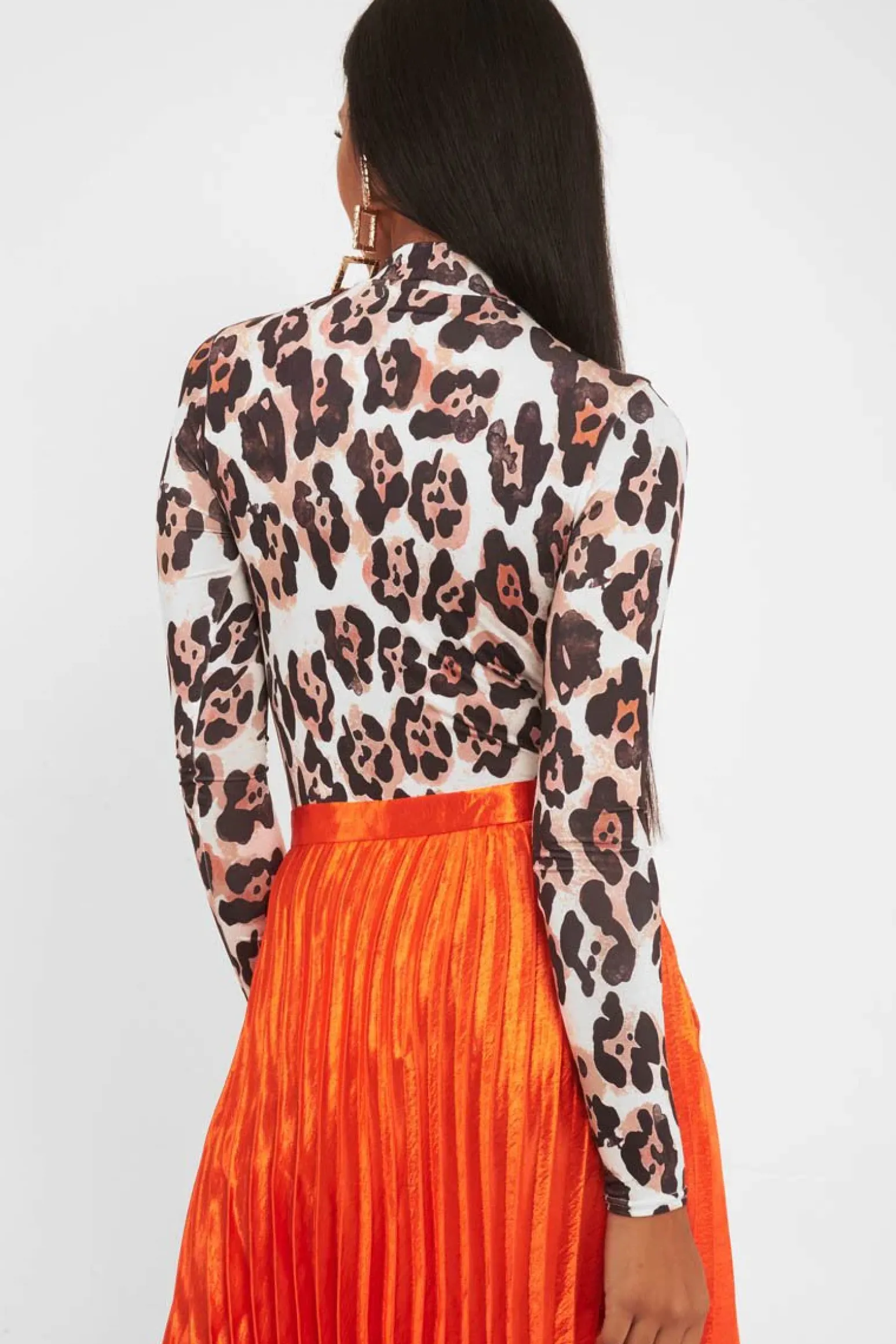 Rebellious Fashion Nude Leopard Print Slinky High Neck Bodysuit - Abira