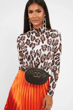 Rebellious Fashion Nude Leopard Print Slinky High Neck Bodysuit - Abira