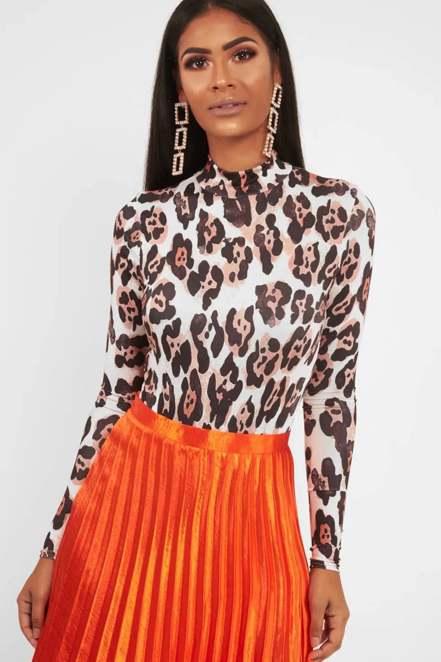 Rebellious Fashion Nude Leopard Print Slinky High Neck Bodysuit - Abira