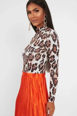 Rebellious Fashion Nude Leopard Print Slinky High Neck Bodysuit - Abira