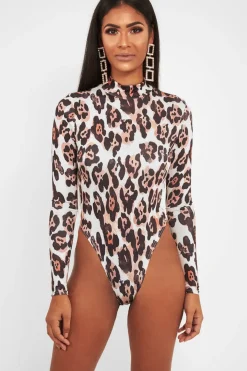 Rebellious Fashion Nude Leopard Print Slinky High Neck Bodysuit - Abira