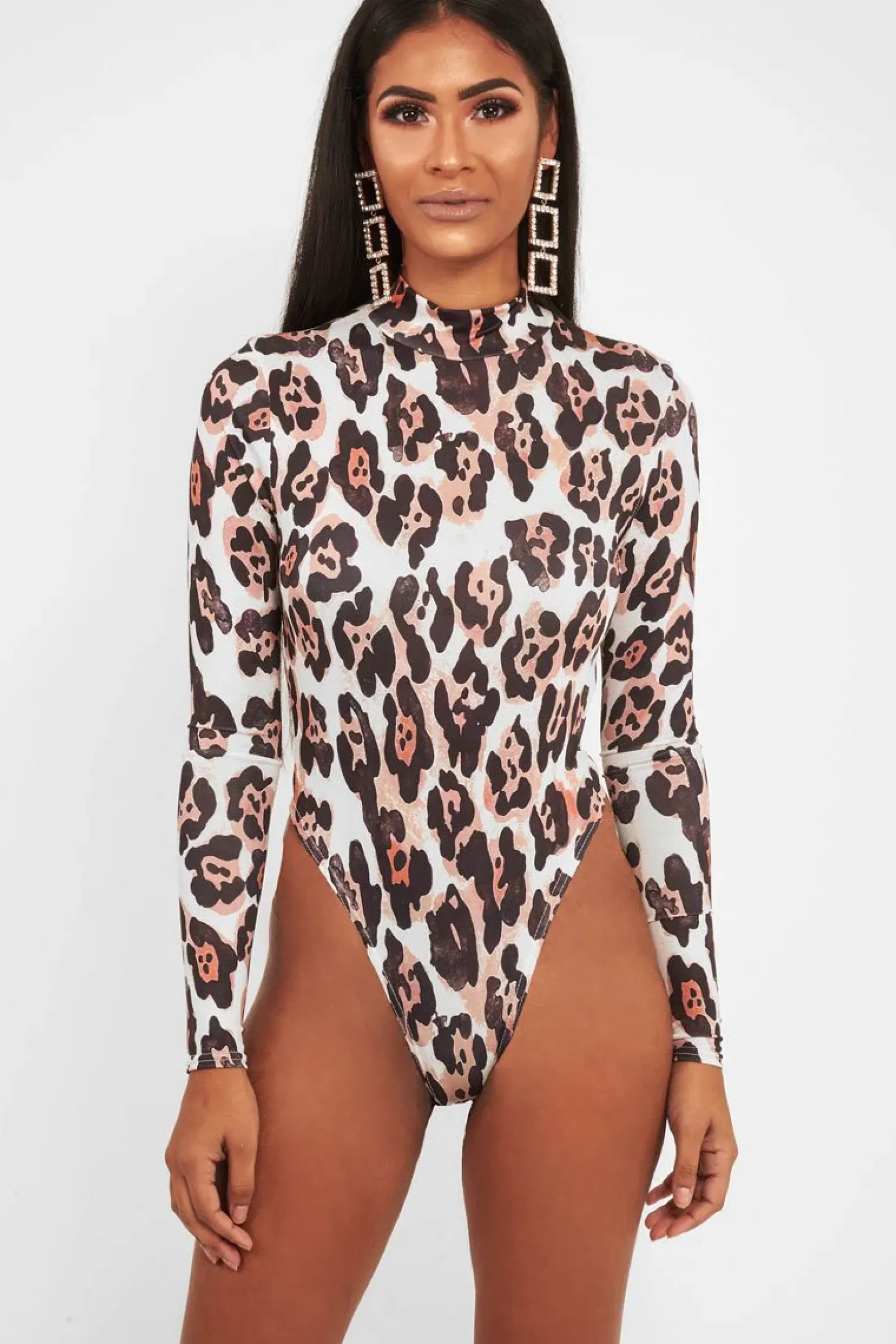 Rebellious Fashion Nude Leopard Print Slinky High Neck Bodysuit - Abira