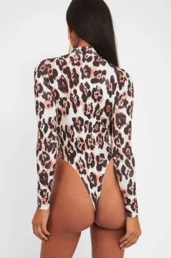 Rebellious Fashion Nude Leopard Print Slinky High Neck Bodysuit - Abira