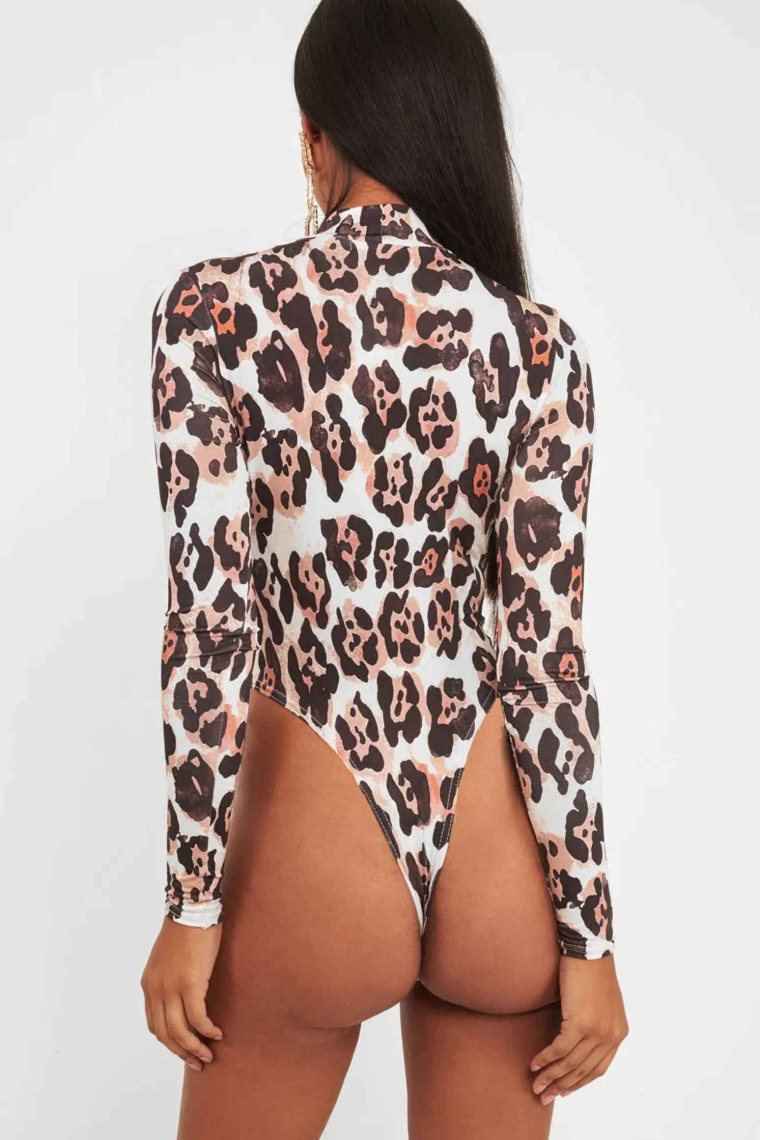 Rebellious Fashion Nude Leopard Print Slinky High Neck Bodysuit - Abira