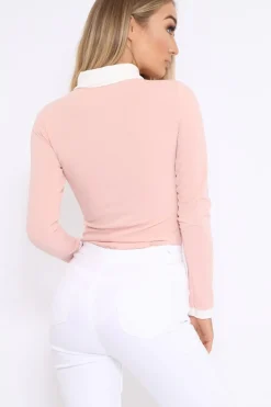 Rebellious Fashion Nude Long Sleeved Striped Bow Bodysuit - Lashay
