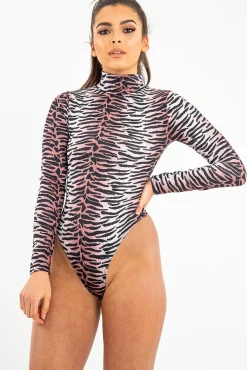 Rebellious Fashion Nude Long Sleeve Tiger Print Bodysuit - Reylee