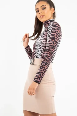 Rebellious Fashion Nude Long Sleeve Tiger Print Bodysuit - Reylee