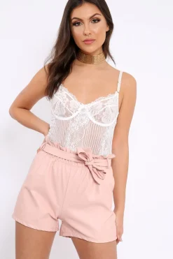 Rebellious Fashion Nude Matte PU Paper Bag Shorts - Raylie