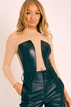 Rebellious Fashion Nude Mesh Black Faux Leather Panel Bodysuit - Reily