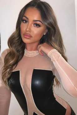 Rebellious Fashion Nude Mesh Black Faux Leather Panel Bodysuit - Reily