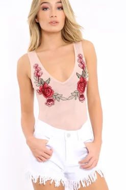 Rebellious Fashion Nude Mesh Floral Embroidered Plunge Bodysuit - Elenore