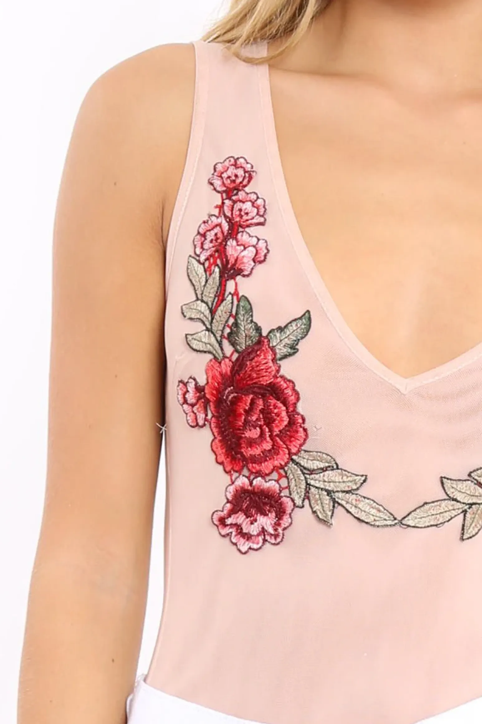 Rebellious Fashion Nude Mesh Floral Embroidered Plunge Bodysuit - Elenore